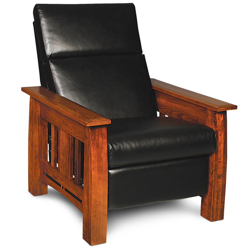 Aspen Recliner with inlay Shown in cherry-Michaels with Asphalt leather cushions